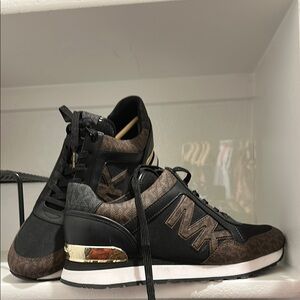 New Michael Kors Black and Brown Sneakers with Gold Detail